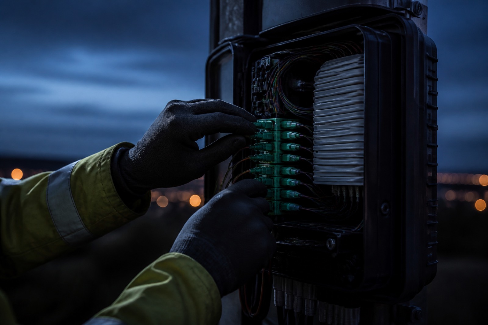 Technician inspecting a fibre enclosure during maintenance