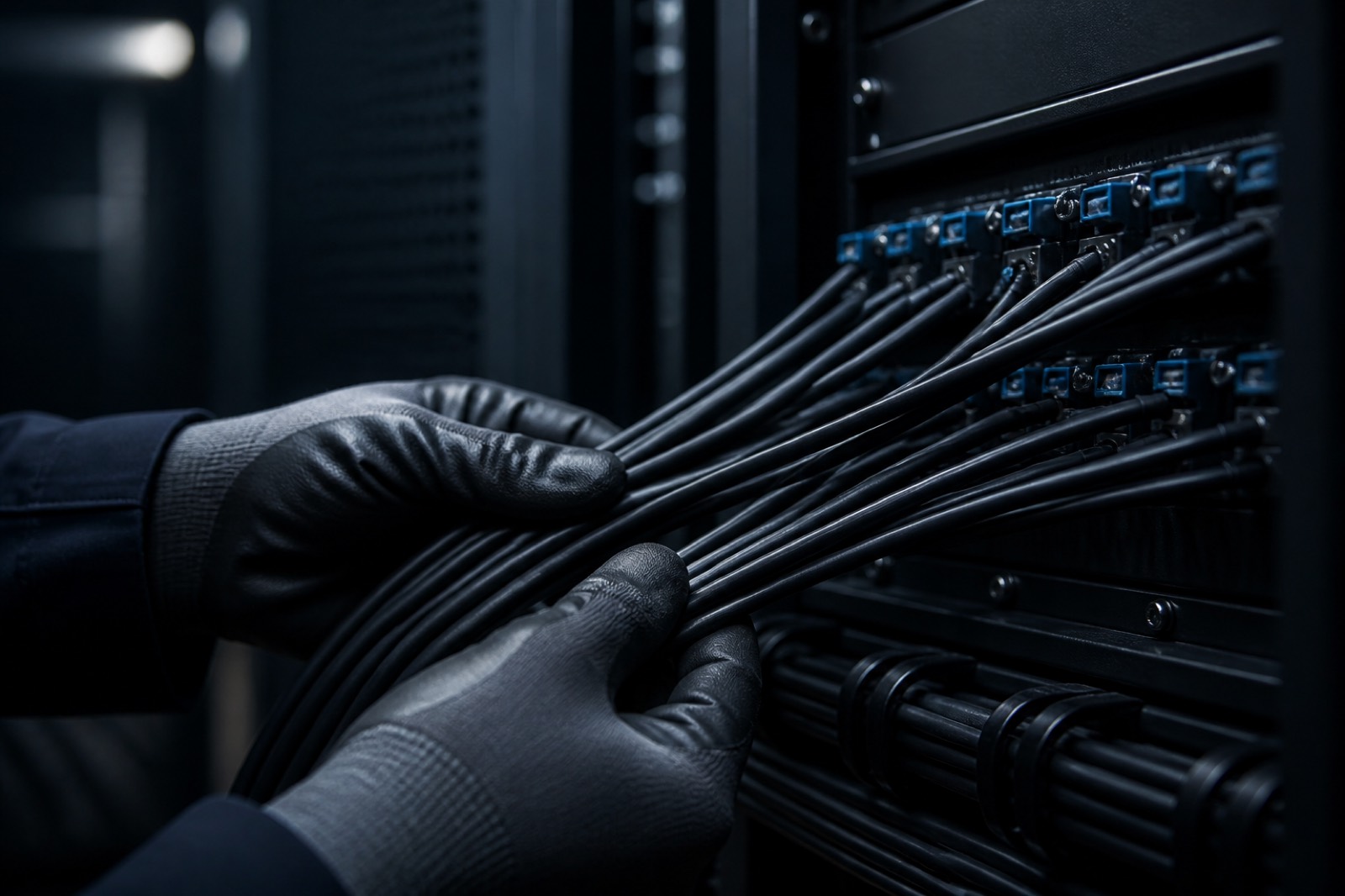 Fibre optic cables routed inside a telecom cabinet