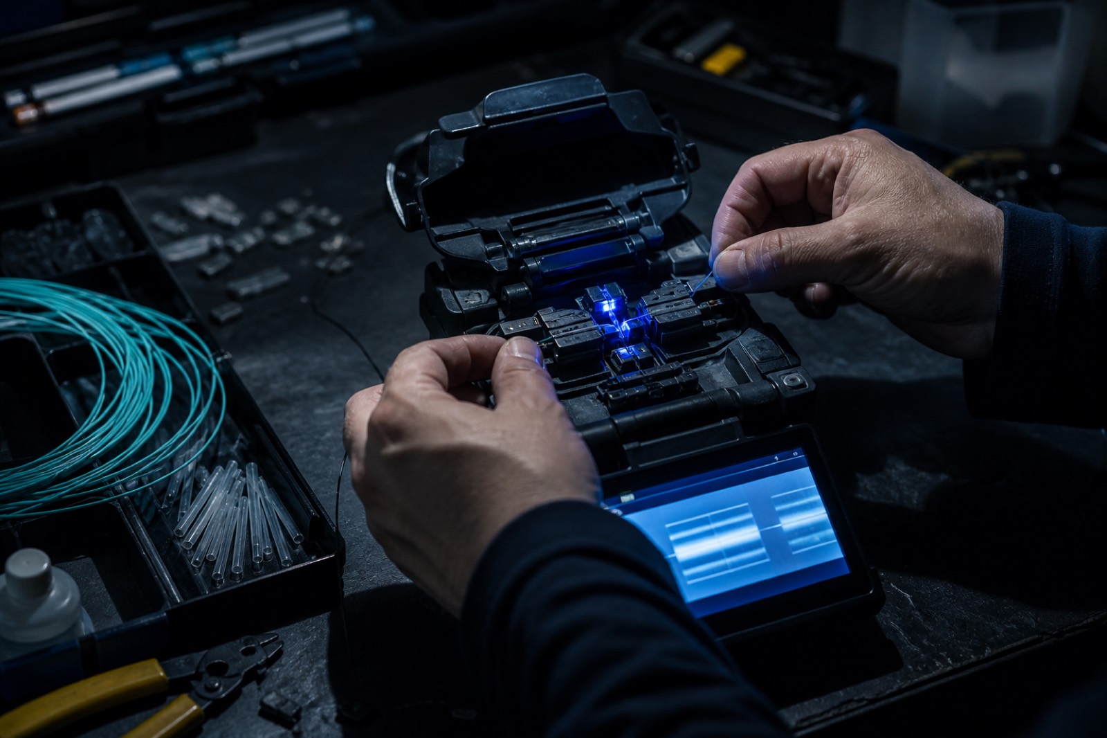 Fusion splicing fibre optic cable during installation