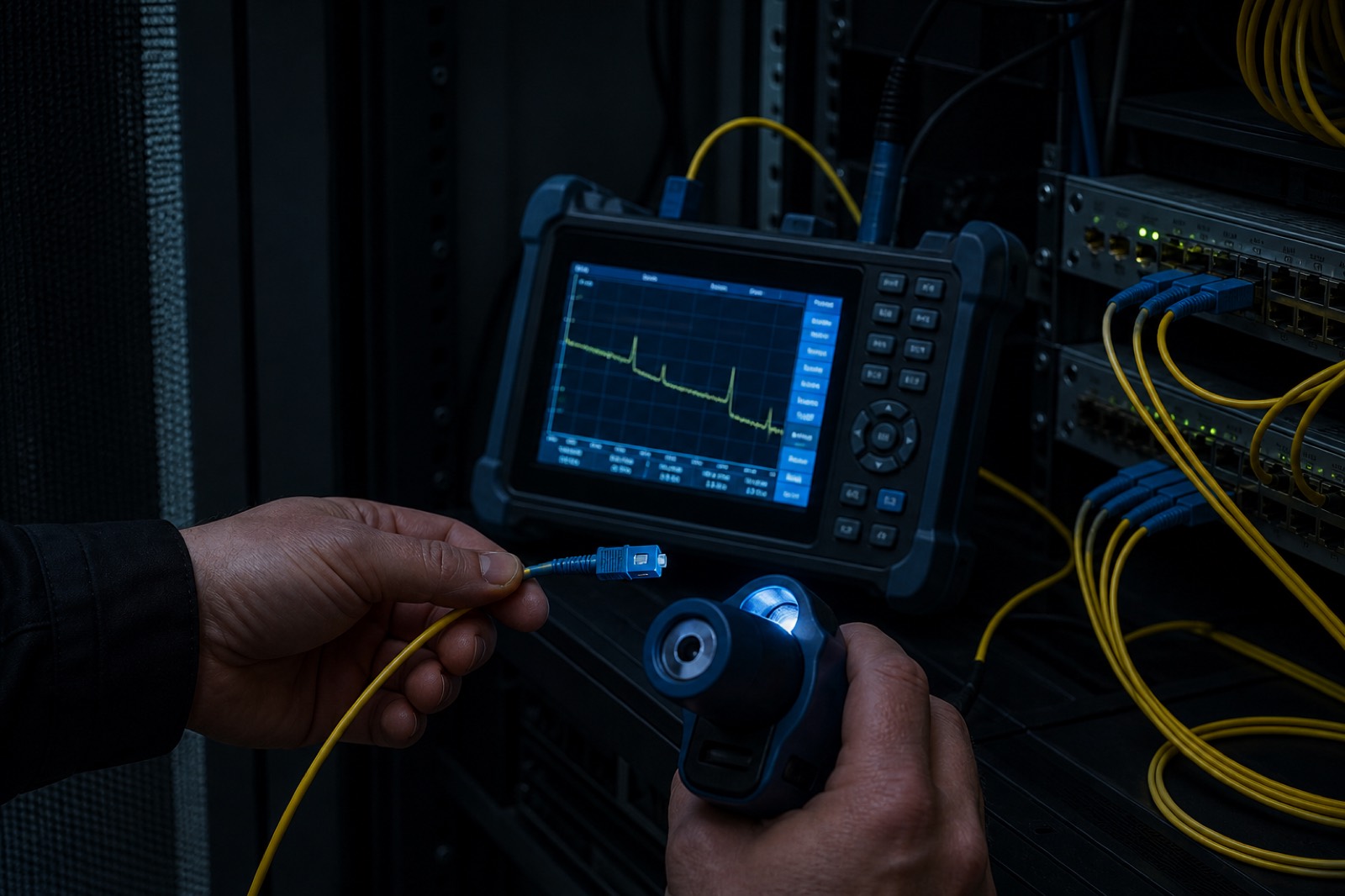 OTDR testing equipment in a network rack room